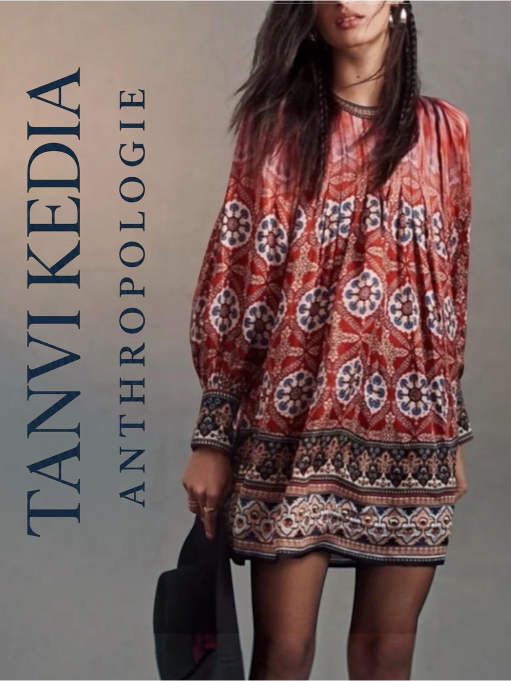 Tanvi Kedia Anthropologie Boho Beaded Mini Shift Dress Long Sleeves Lined Large
